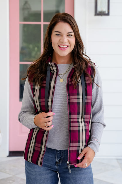 Plaid Sleeveless Zip Up Vest