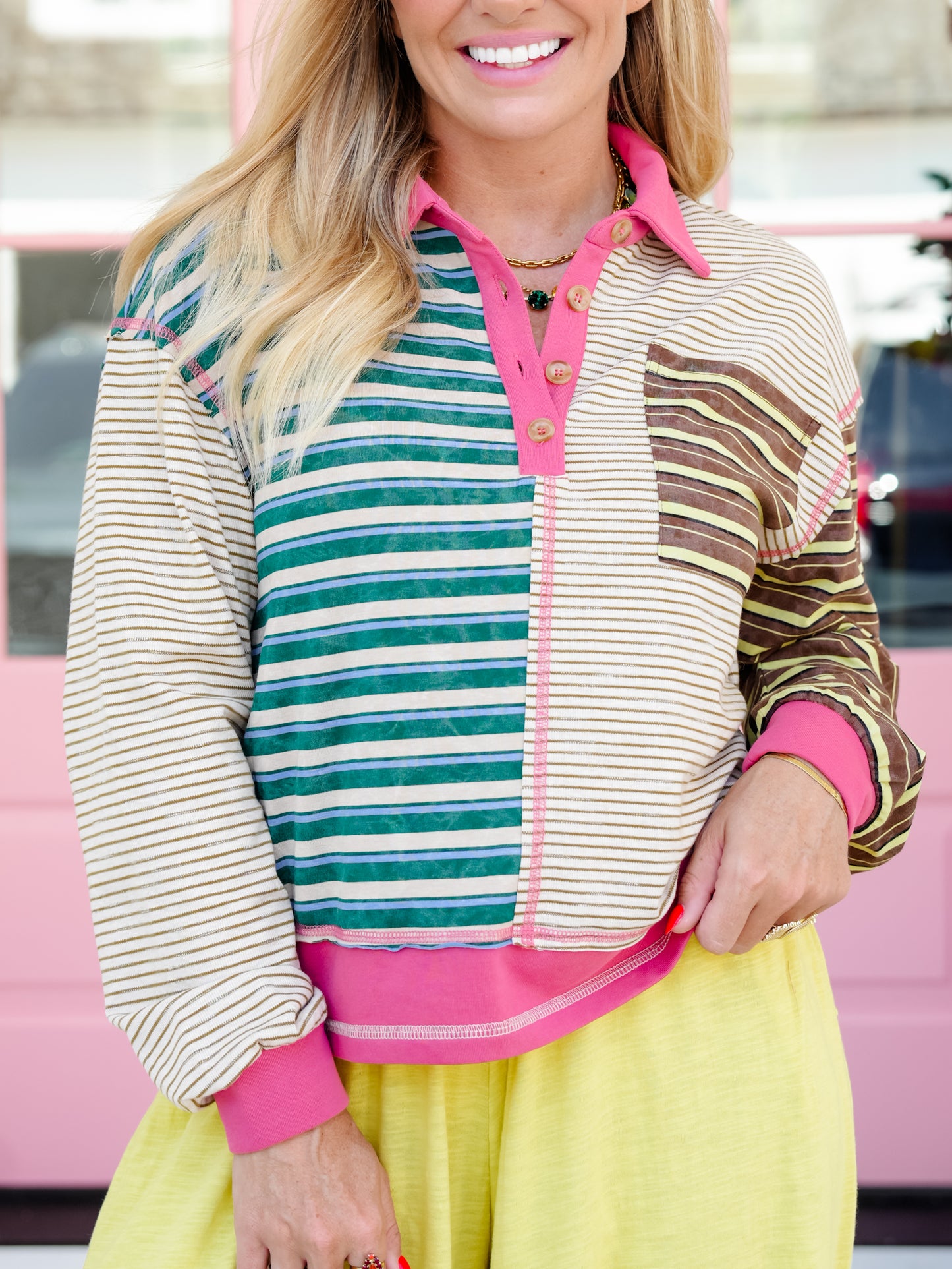 Color Block Stripe Long Sleeve Button Up Top