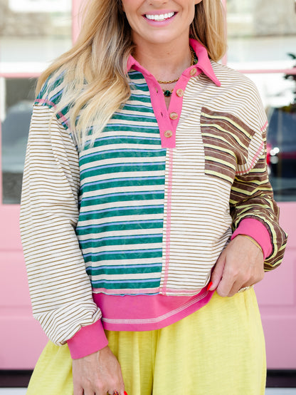 Color Block Stripe Long Sleeve Button Up Top