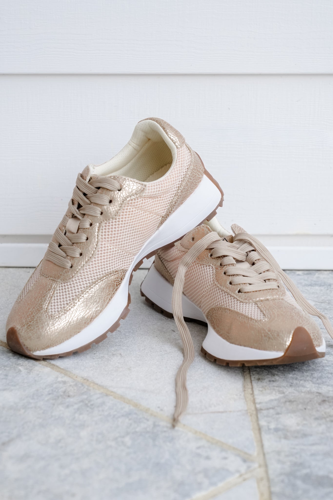 Corky's "No Prob" Cracked Metallic Mesh Vegan Leather Lace Up Sneaker