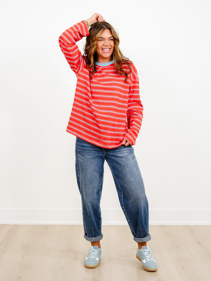 Stripe Long Sleeve Top with Contrast Trim