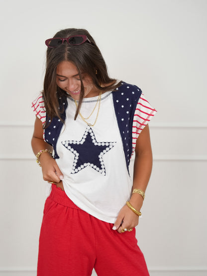 Sleeveless Americana Flag Top With Star Patch