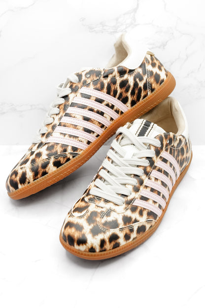 Shu Shop Leopard Print Sneaker with Contrasting Blush Stripes