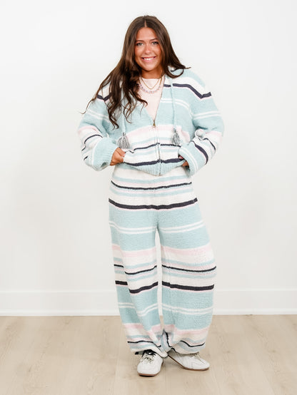 POL Stripe Long Sleeve Zip-Up Hooded Sweater