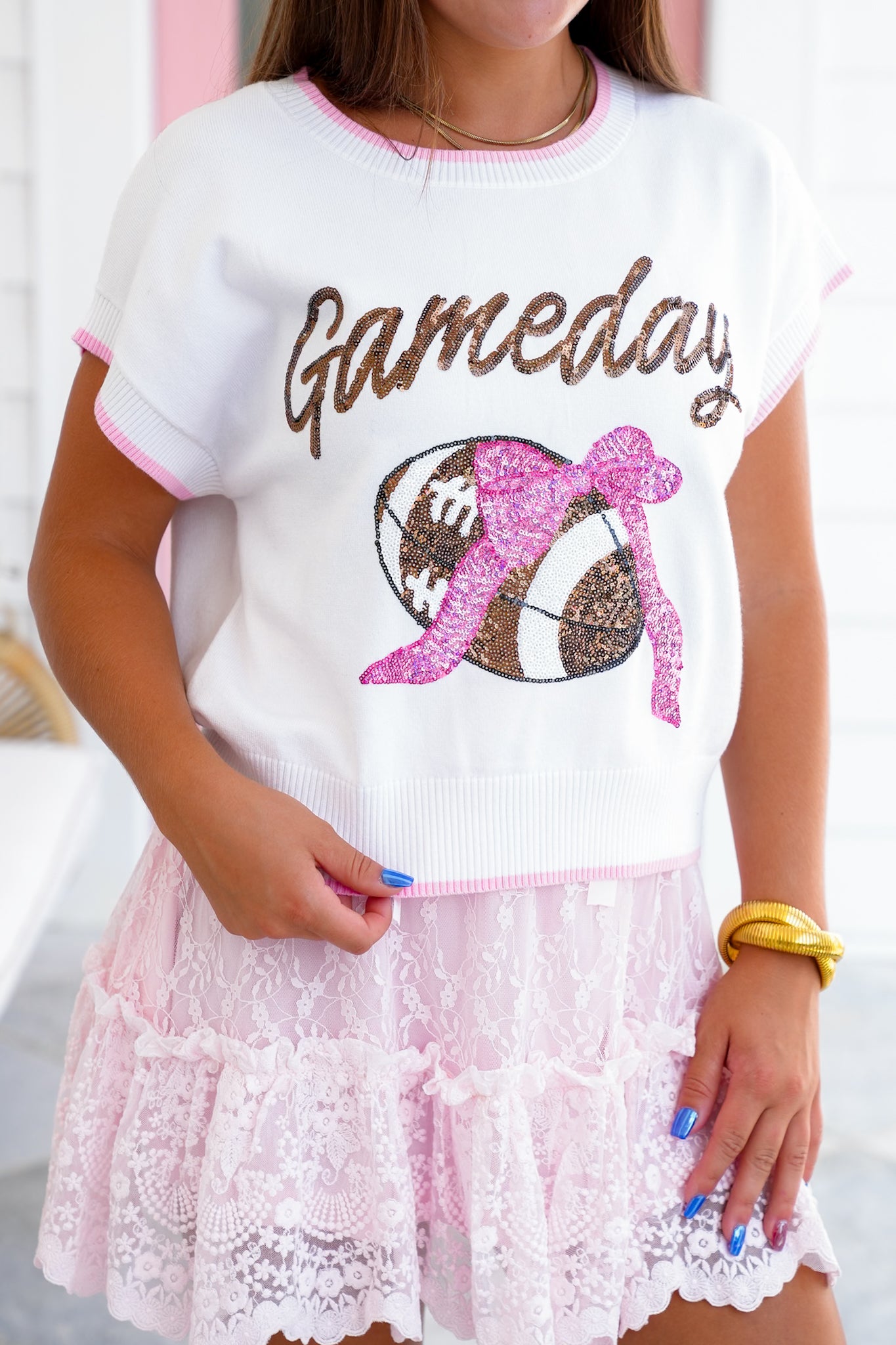 Short Sleeve Sweater with Sequin "Game Day" Detail