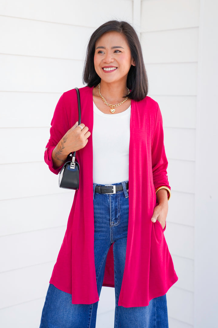 Door Buster! Plus/Reg Solid 3/4 Button Tab Sleeve Open Cardigan