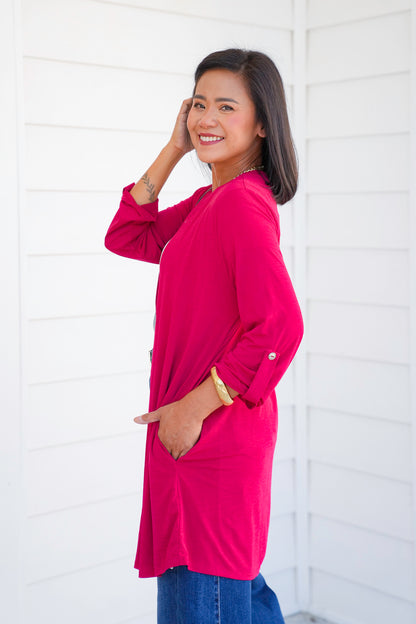 Door Buster! Plus/Reg Solid 3/4 Button Tab Sleeve Open Cardigan