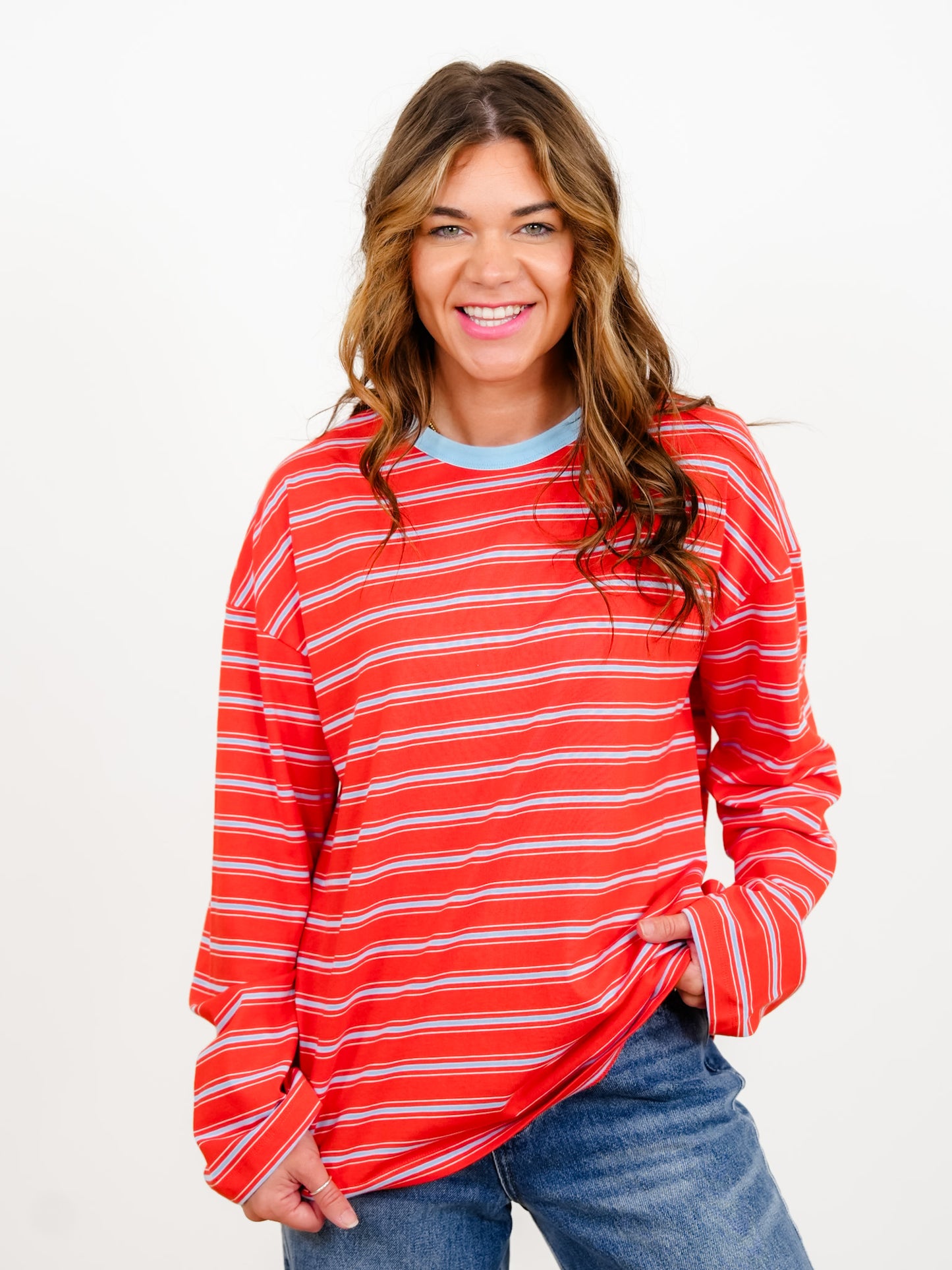 Stripe Long Sleeve Top with Contrast Trim