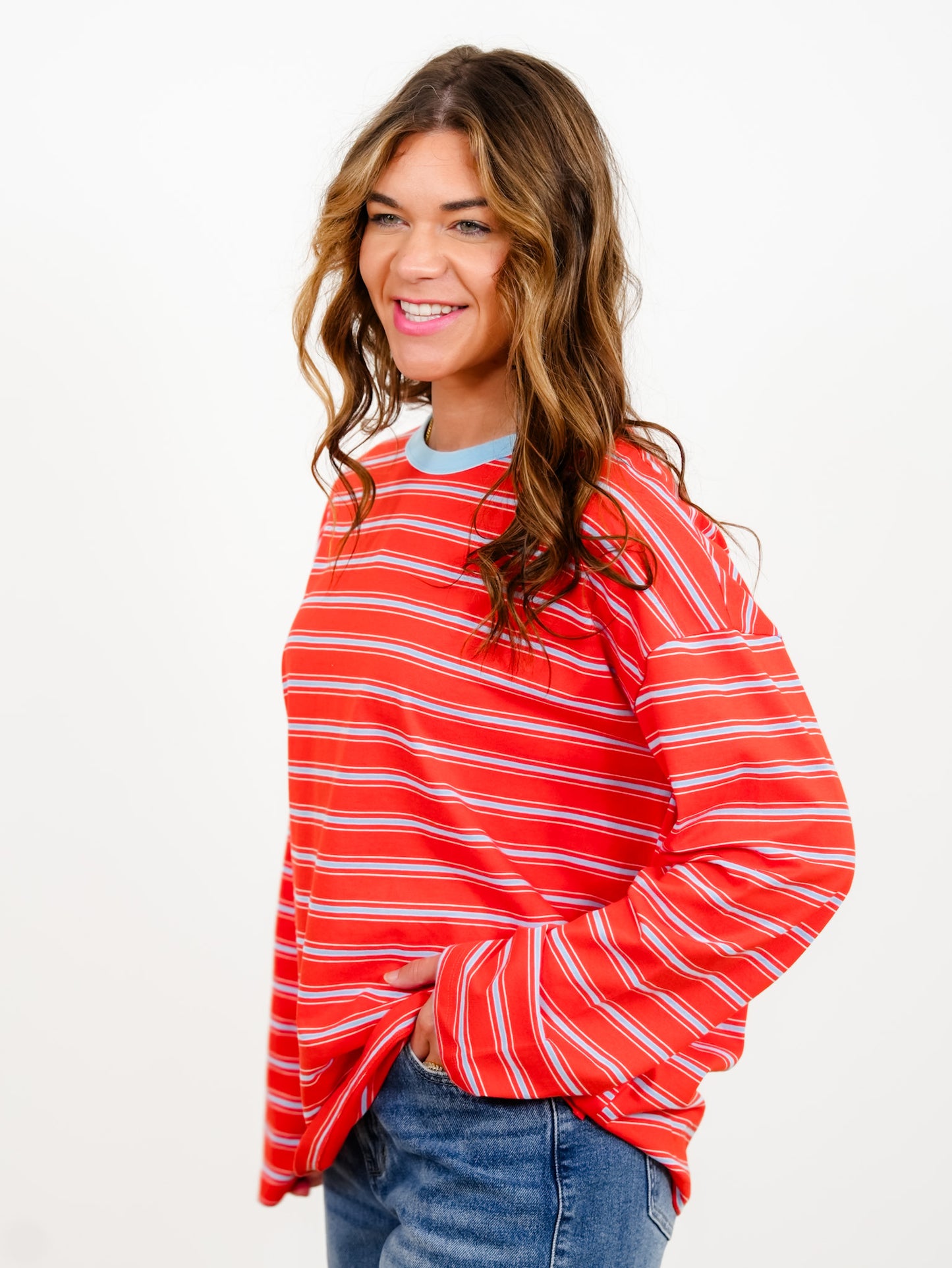 Stripe Long Sleeve Top with Contrast Trim