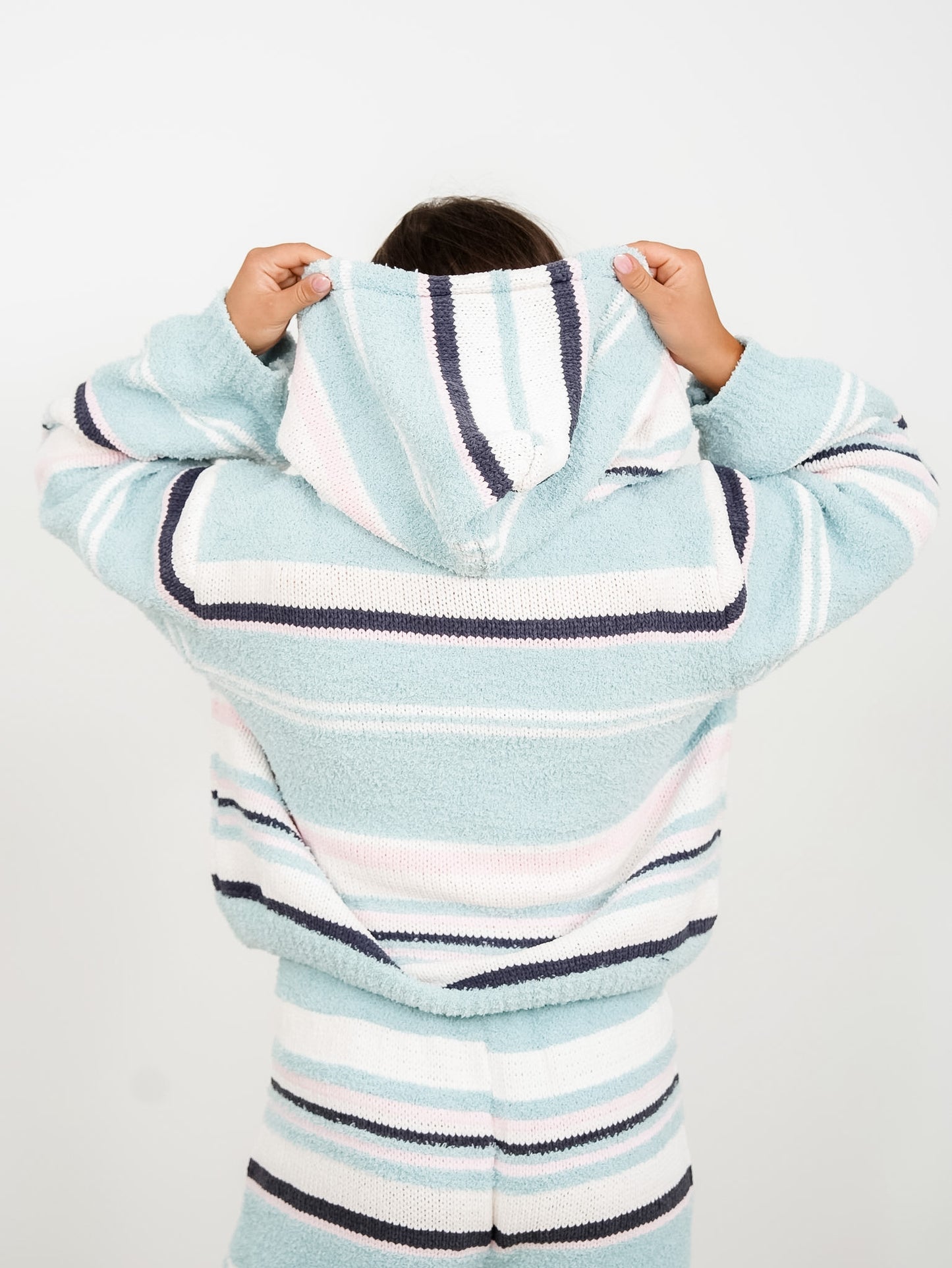 POL Stripe Long Sleeve Zip-Up Hooded Sweater