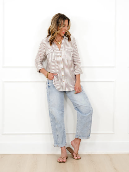 Plus/Reg Stripe Long Sleeve Button Down Top