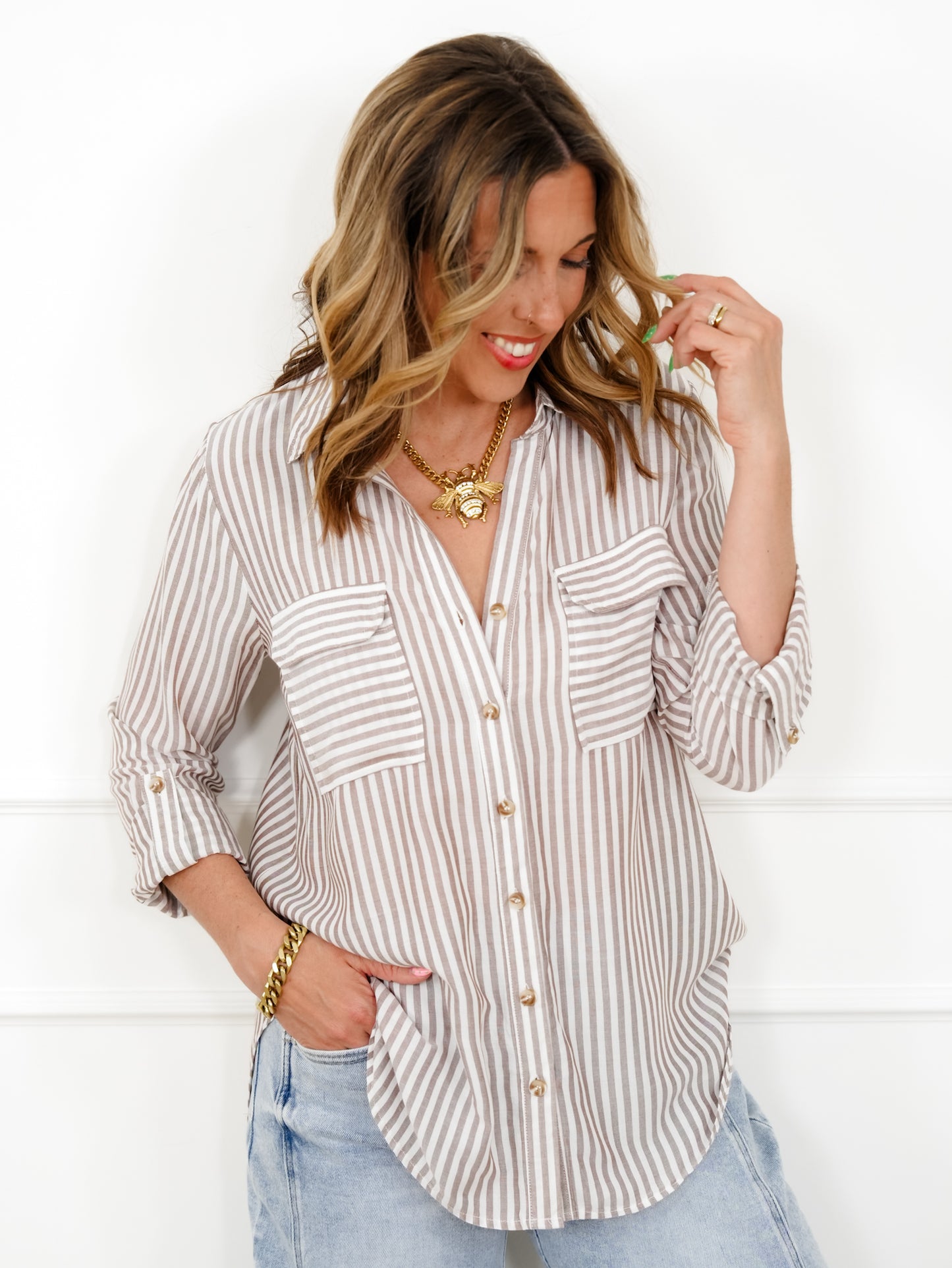 Plus/Reg Stripe Long Sleeve Button Down Top