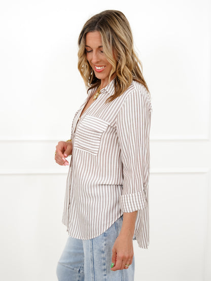 Plus/Reg Stripe Long Sleeve Button Down Top