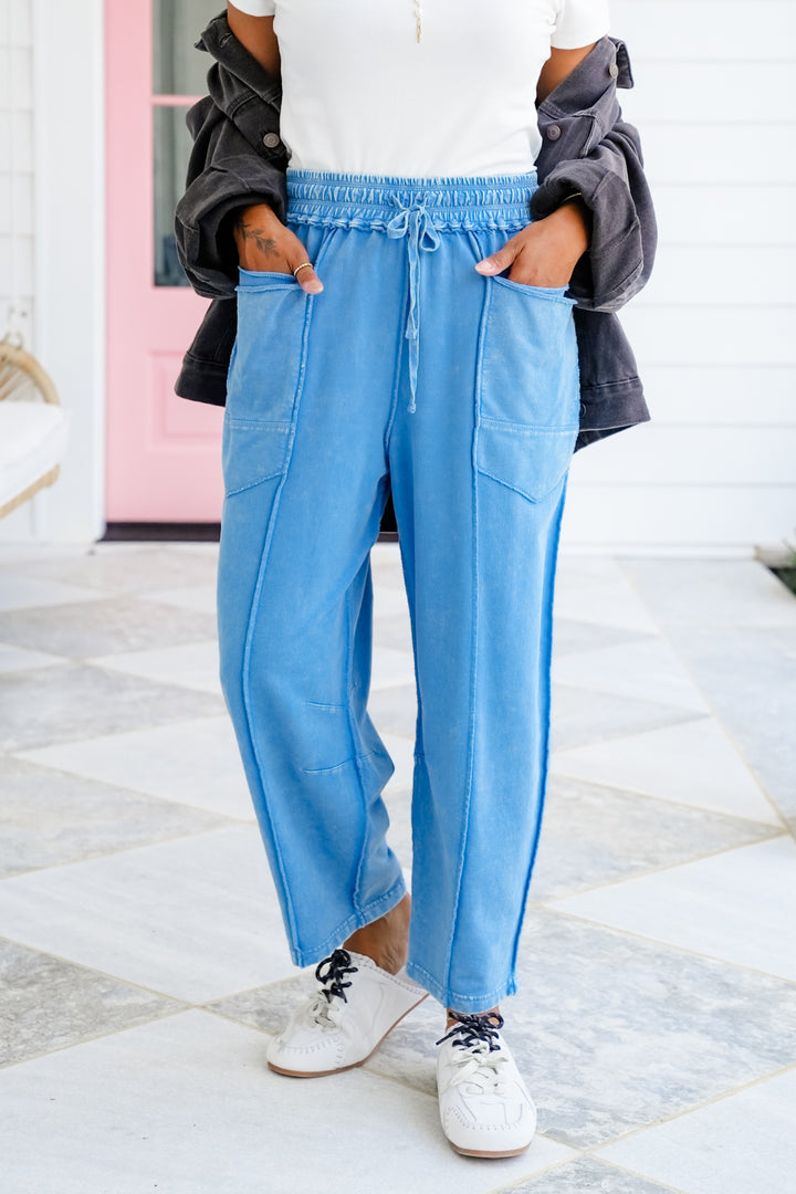 Mineral Wash Elastic Waistband Pants with Pockets