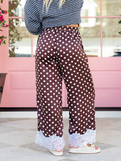 Plus/Reg Satin Polka Dot Elastic Waist Pants with Lace Hem