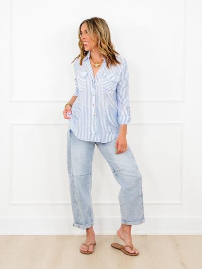 Plus/Reg Stripe Long Sleeve Button Down Top