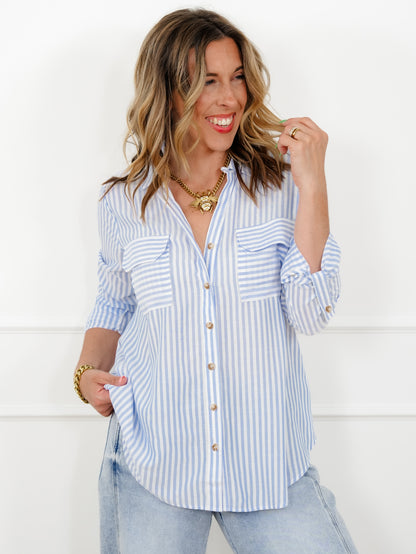 Plus/Reg Stripe Long Sleeve Button Down Top
