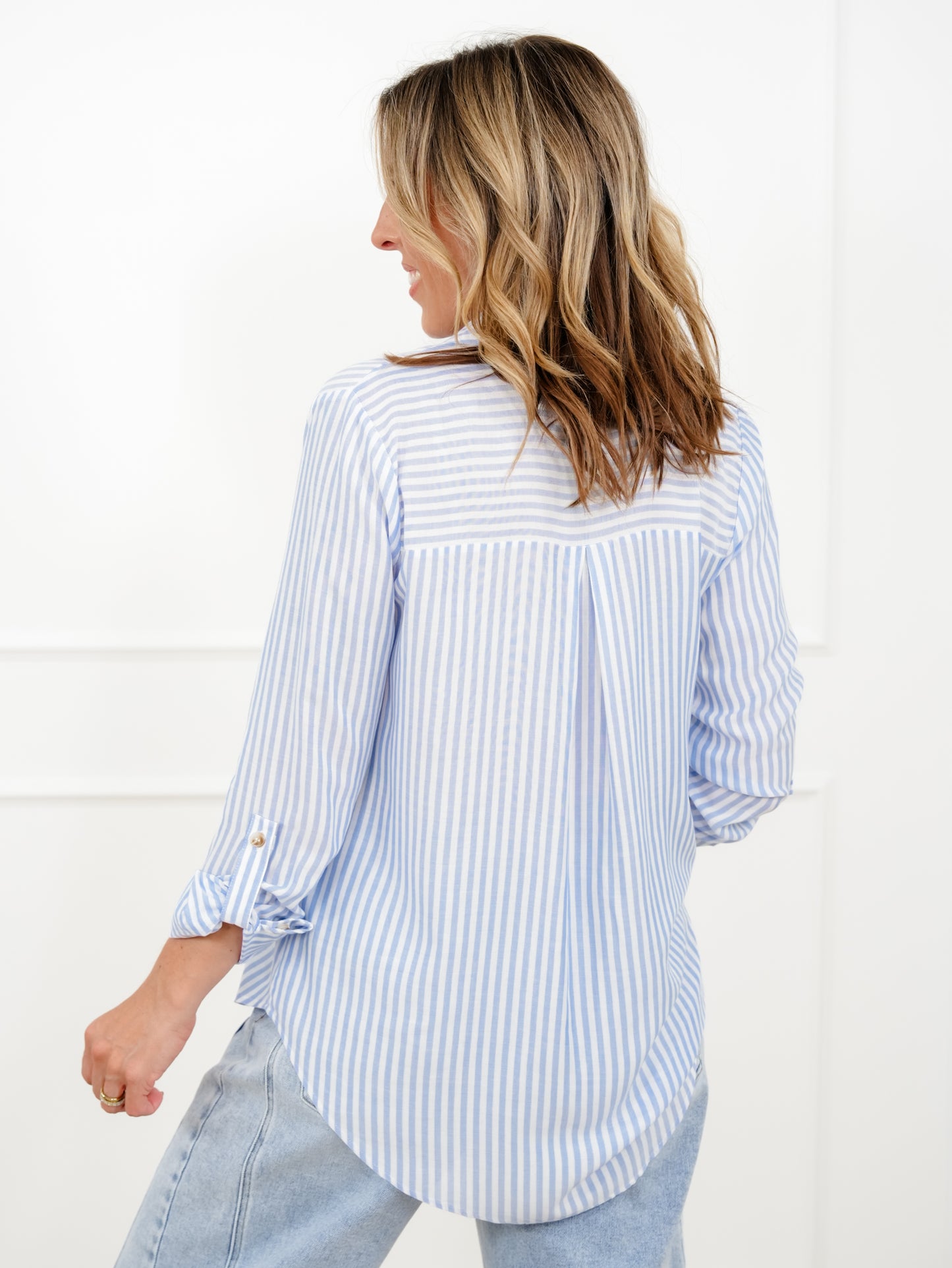 Plus/Reg Stripe Long Sleeve Button Down Top