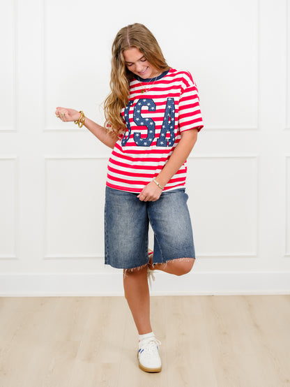 Stripe Short Sleeve "USA" Top