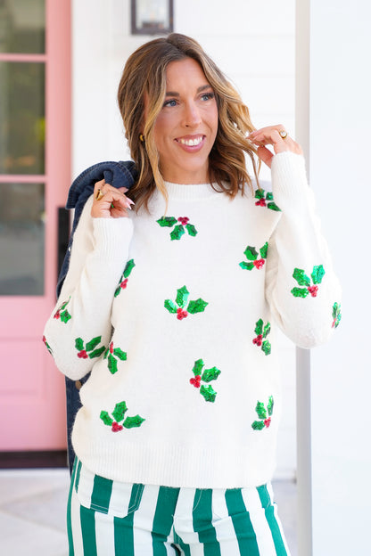Sequin Mistletoe Long Sleeve Pullover Sweater