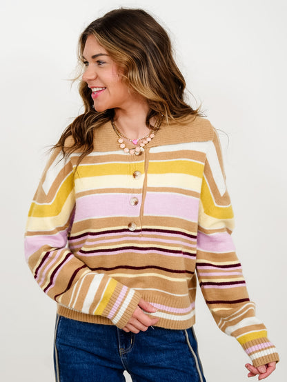 Multi Colored Stripe Collared Button Up Sweater - Freckled Poppy