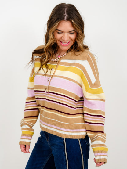 Multi Colored Stripe Collared Button Up Sweater - Freckled Poppy