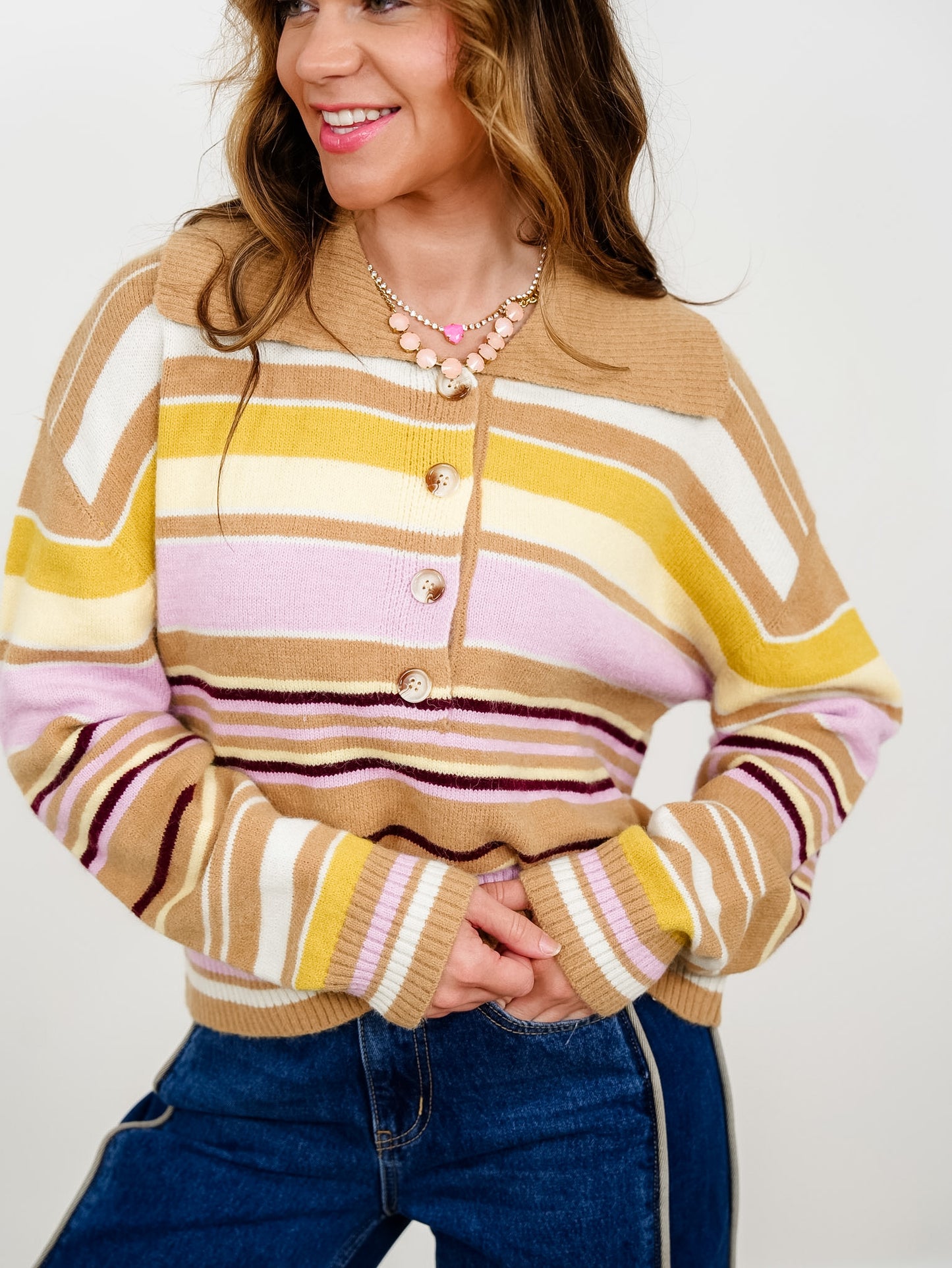Multi Colored Stripe Collared Button Up Sweater - Freckled Poppy