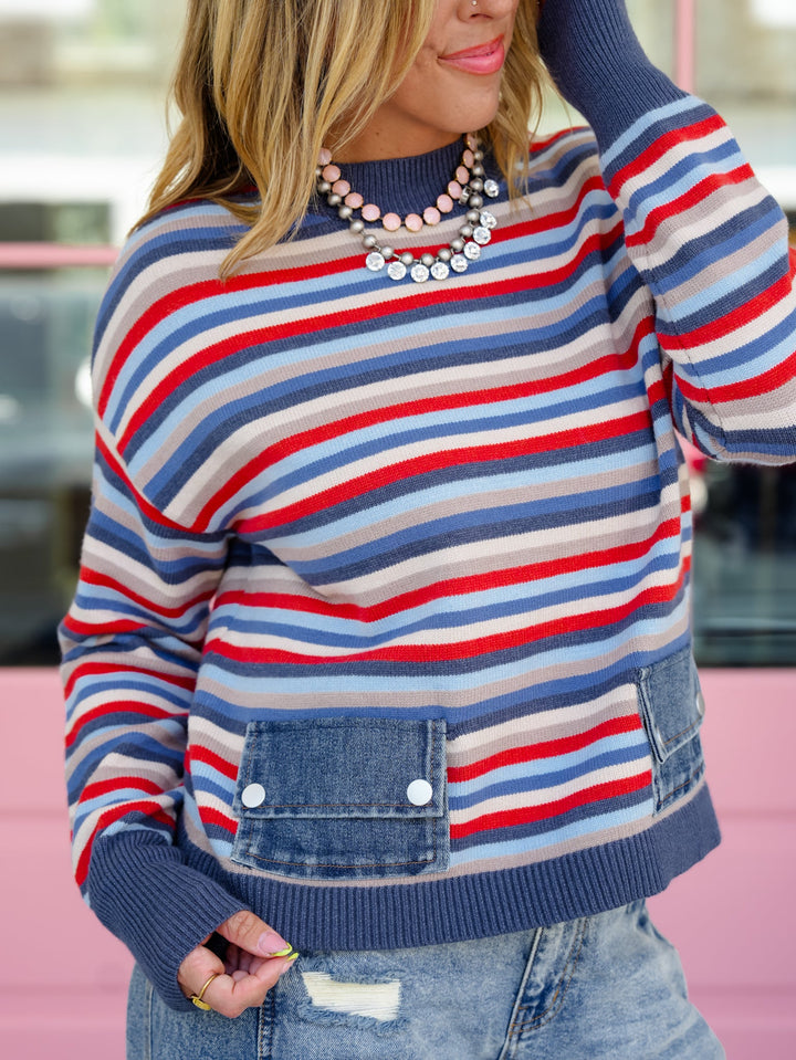 Multi Color Stripe Long Sleeve Top with Patch Pockets - Freckled Poppy