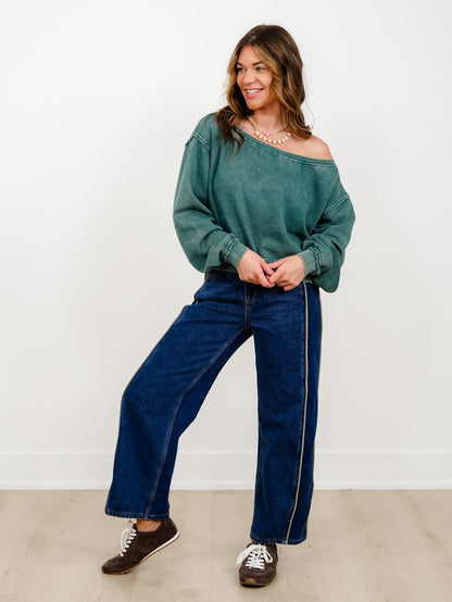Raw Edge Acid Wash Off Shoulder Sweatshirt - Freckled Poppy