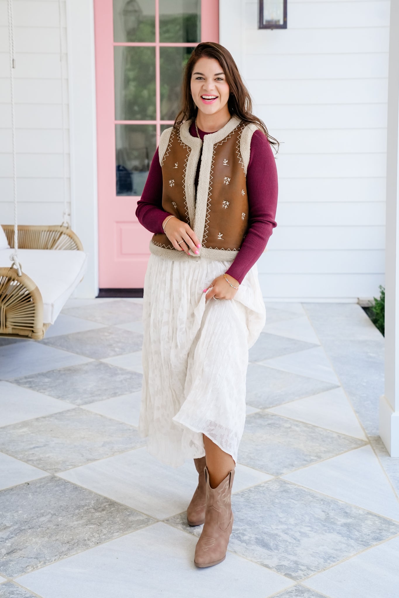 Vegan Suede And Sherpa Vest with Embroidery Detail