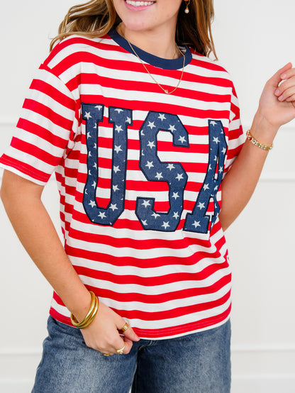Stripe Short Sleeve "USA" Top