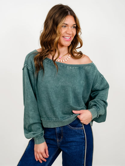 Raw Edge Acid Wash Off Shoulder Sweatshirt - Freckled Poppy