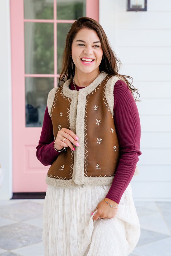 Vegan Suede And Sherpa Vest with Embroidery Detail
