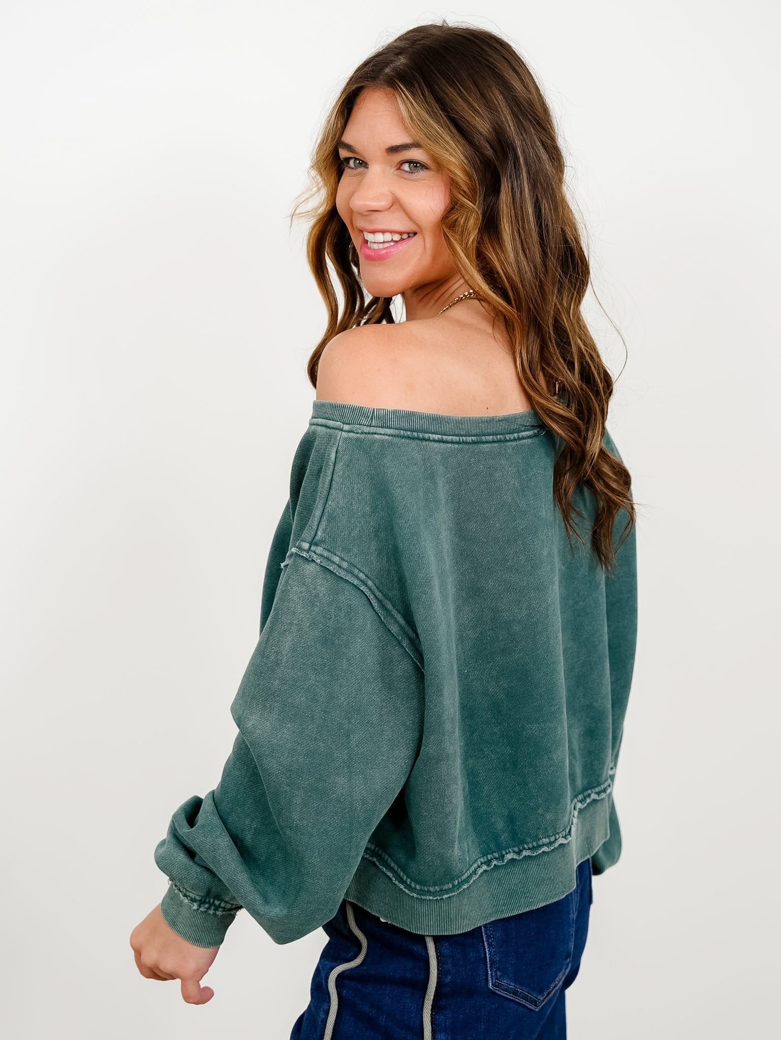 Raw Edge Acid Wash Off Shoulder Sweatshirt - Freckled Poppy