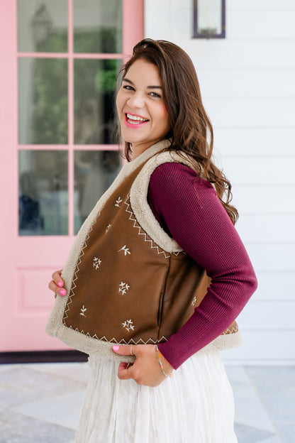 Vegan Suede And Sherpa Vest with Embroidery Detail