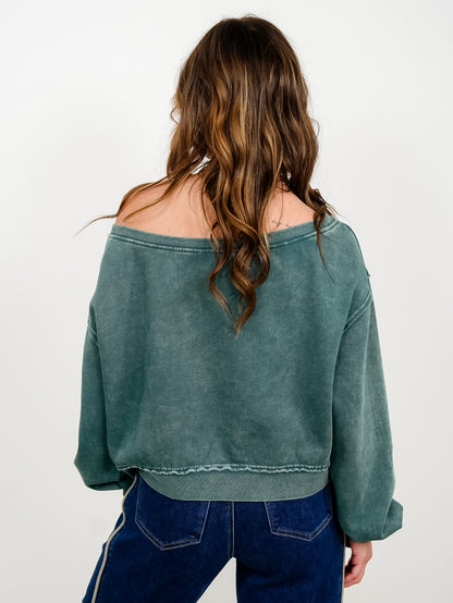 Raw Edge Acid Wash Off Shoulder Sweatshirt - Freckled Poppy
