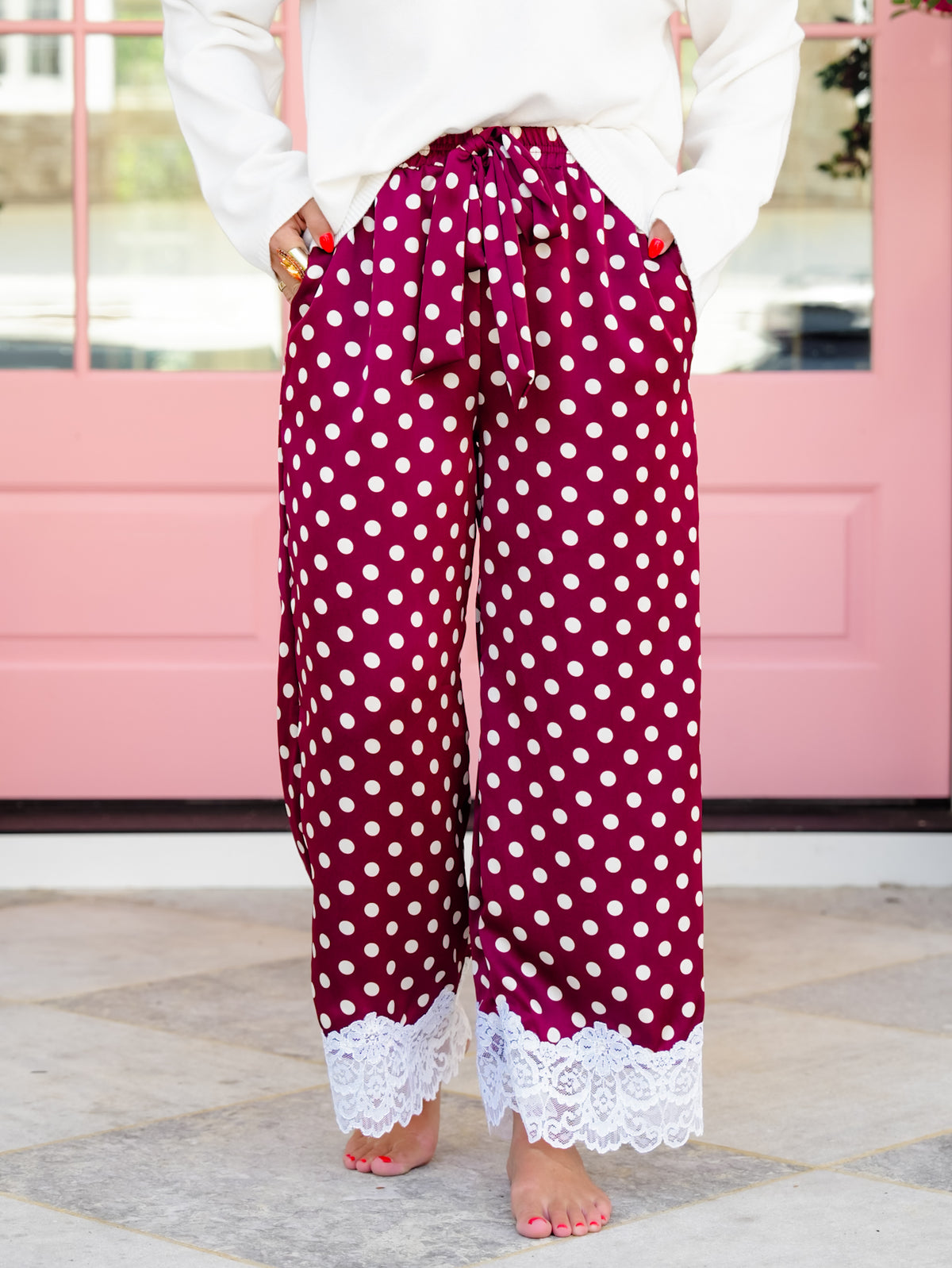 Plus/Reg Satin Polka Dot Elastic Waist Pants with Lace Hem