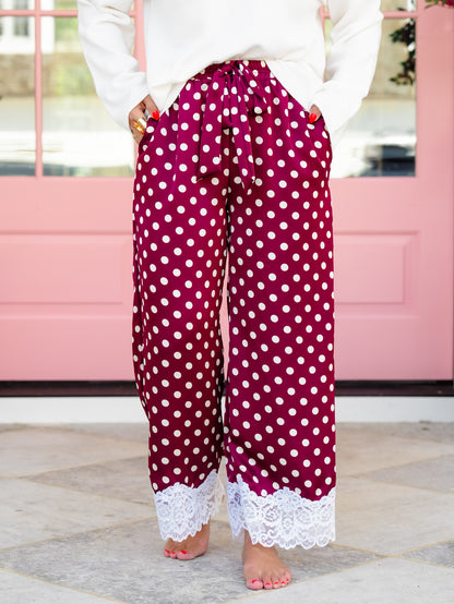 Plus/Reg Satin Polka Dot Elastic Waist Pants with Lace Hem