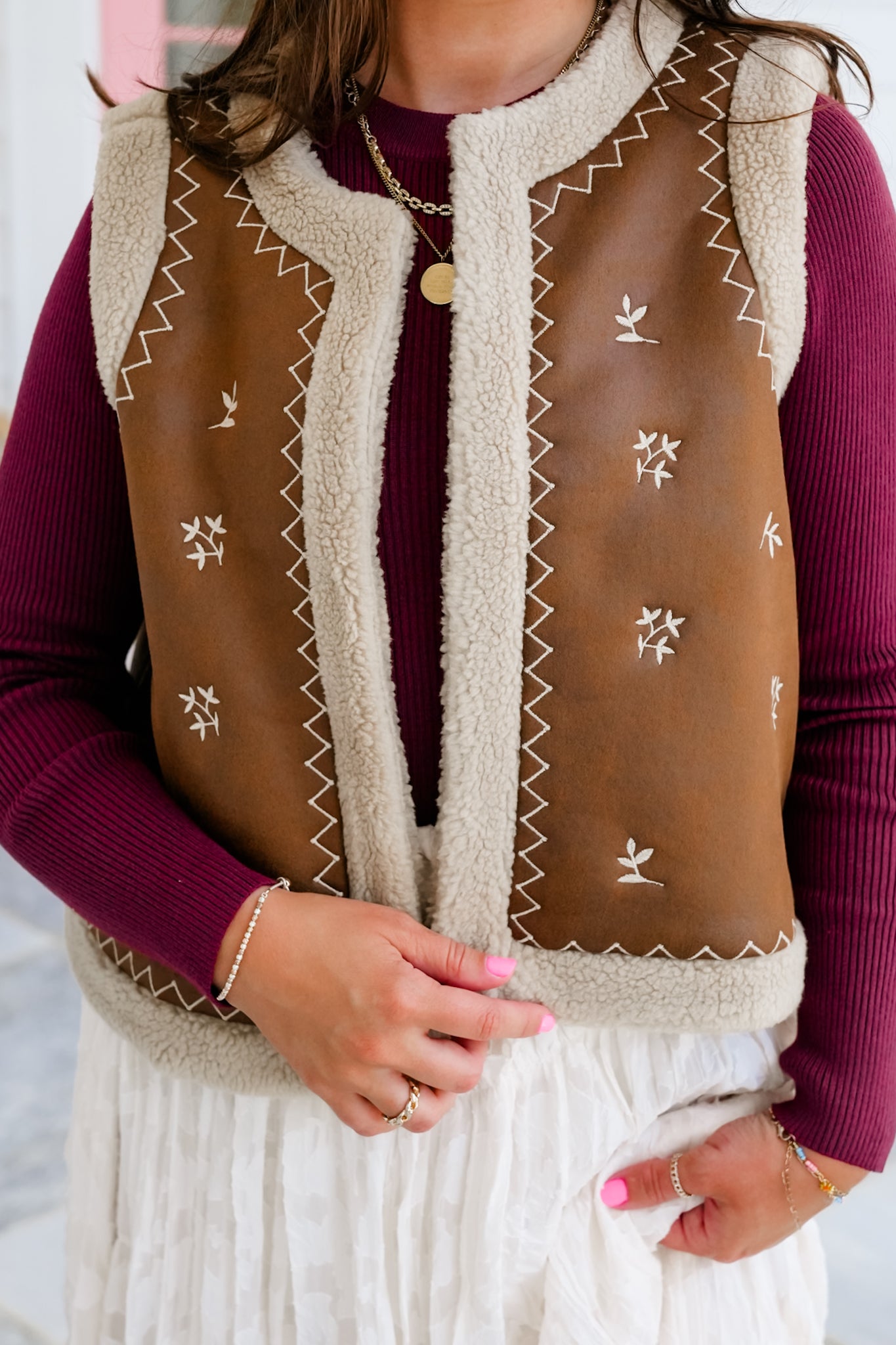 Vegan Suede And Sherpa Vest with Embroidery Detail