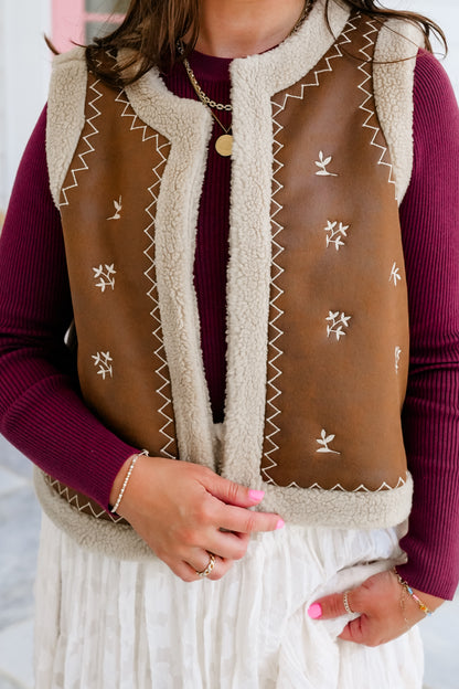 Vegan Suede And Sherpa Vest with Embroidery Detail