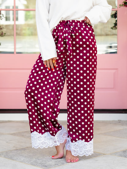 Plus/Reg Satin Polka Dot Elastic Waist Pants with Lace Hem