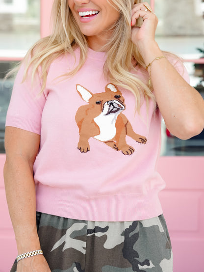 Pink Short Sleeve Bulldog Pullover Sweater