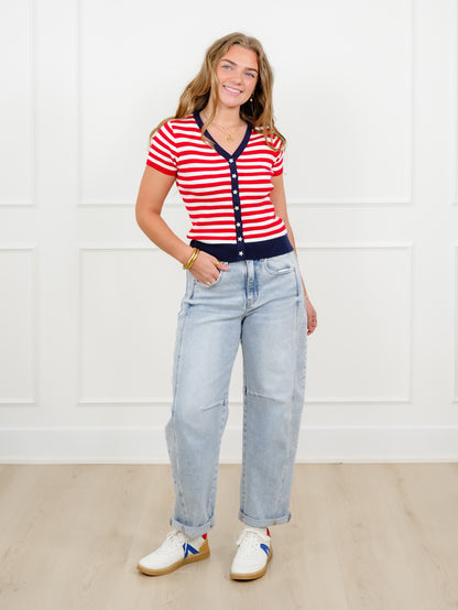 Americana Ribbed Short Sleeve Button Up Cardigan