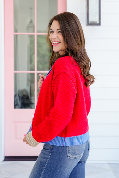 Textured Long Sleeve Button Cardigan with Contrast Trim Detail