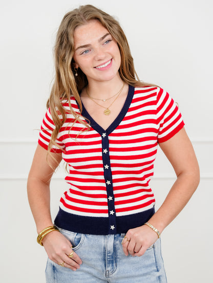 Americana Ribbed Short Sleeve Button Up Cardigan