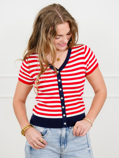 Americana Ribbed Short Sleeve Button Up Cardigan