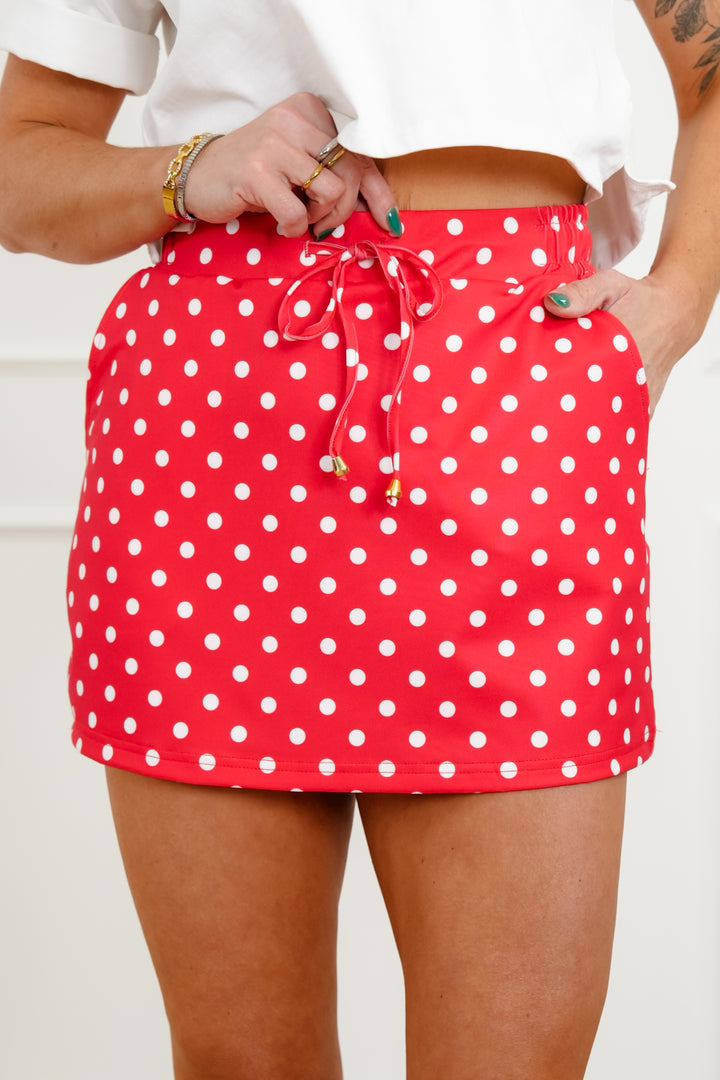Plus/Reg Red Polka Dot Elastic Waist Skort