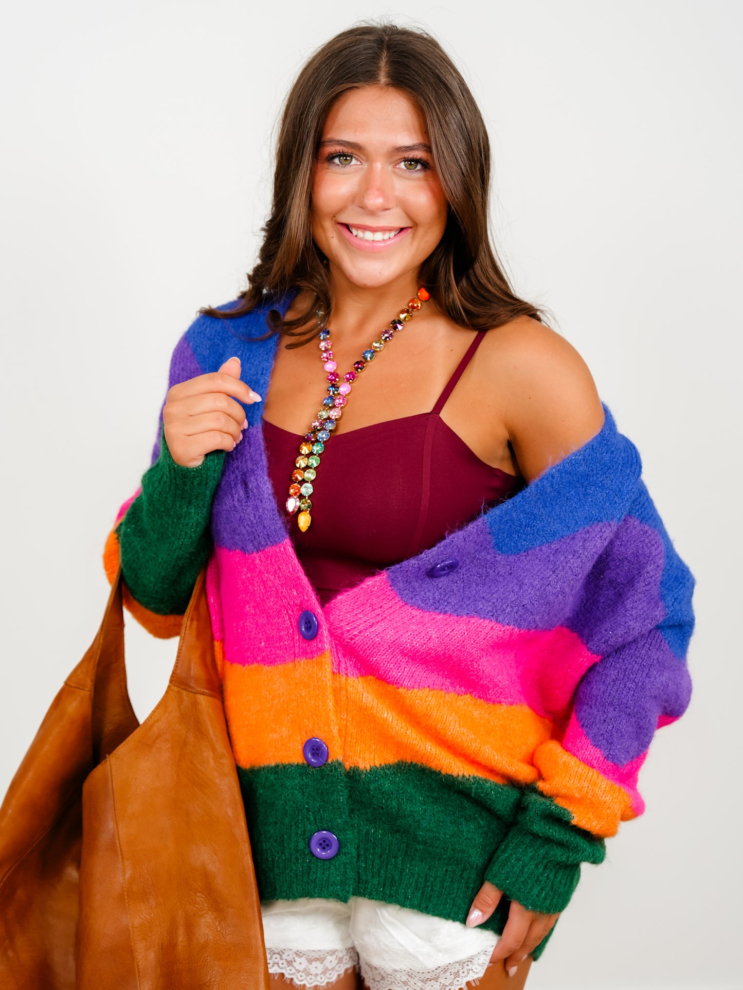 Color Block Rainbow Long Sleeve Button Down Cardigan