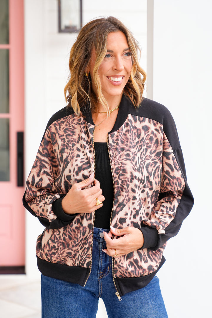 Plus/Reg Animal Print Long Sleeve Zip-Up Jacket