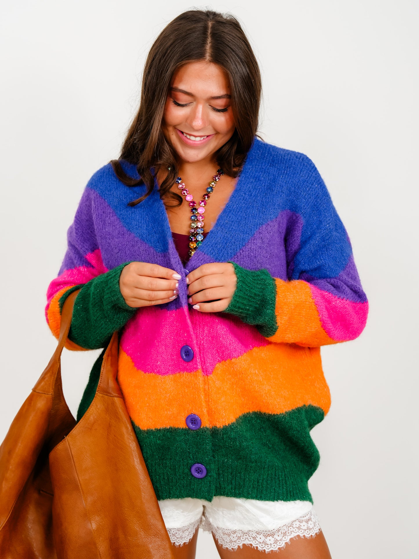 Color Block Rainbow Long Sleeve Button Down Cardigan